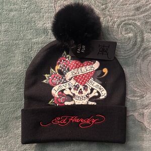 Ed Hardy Kids Beanie with Skull Design and Pom Pom